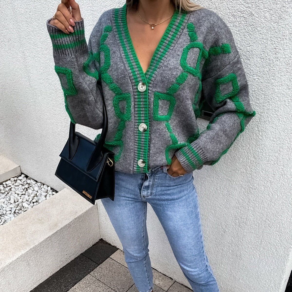 Autumn And Winter New Casual Color Contrast Letters Single-Breasted Long-Sleeved Sweater Cardigan Coat