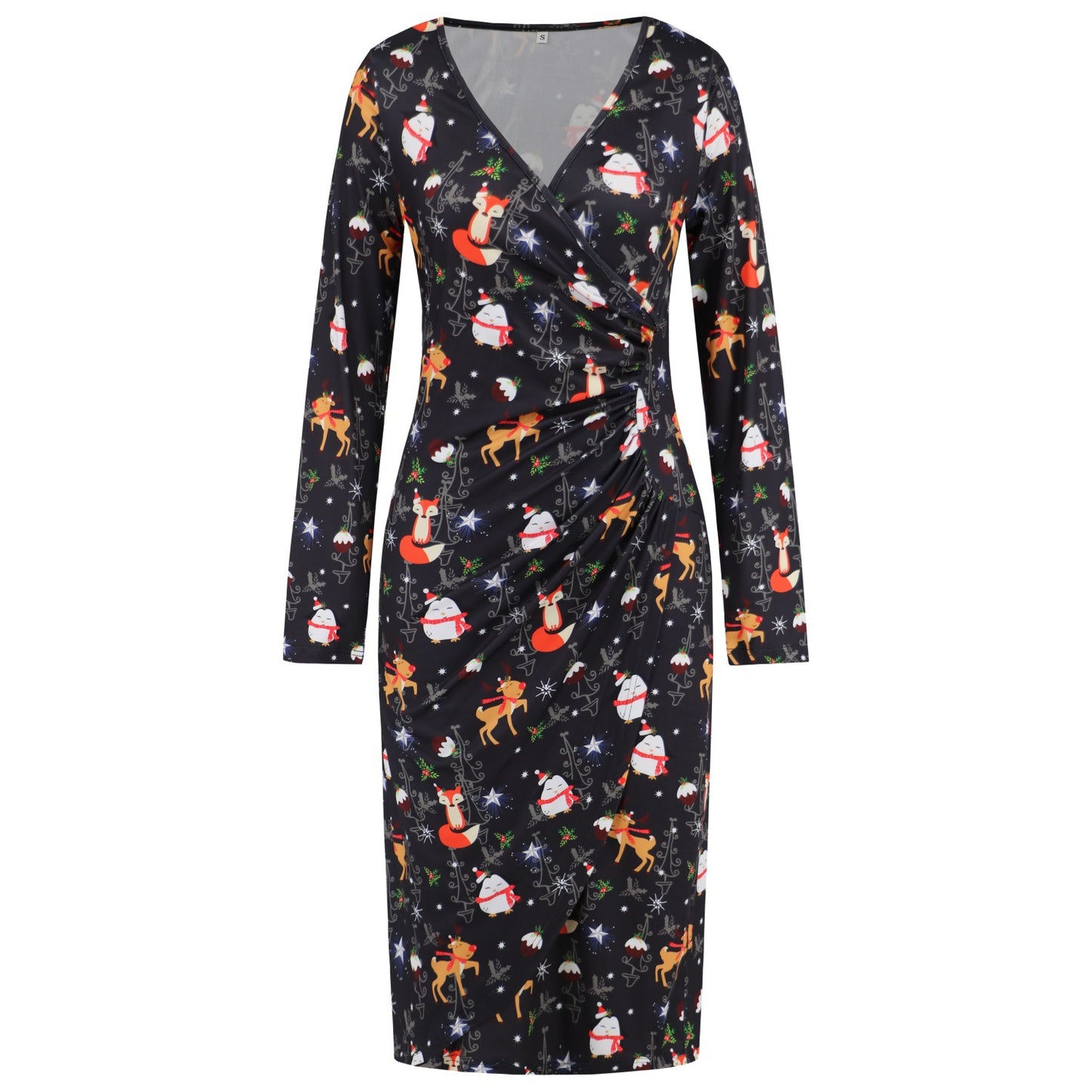 Christmas Printed Dress V-Neck Slimming Slim Dress Autumn And Winter Women's Plus-Size