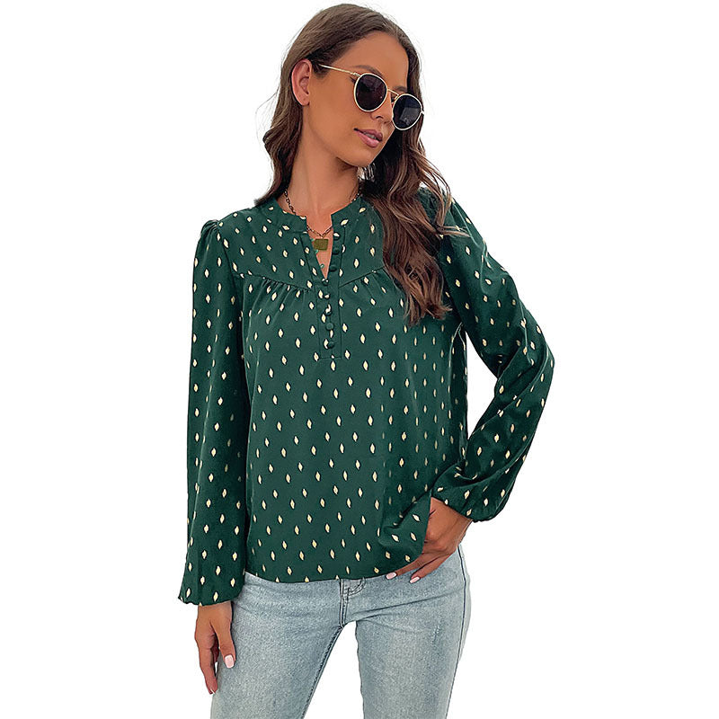New Autumn And Winter New Women's Long Sleeve V Open Collar Hot Gold Shirt