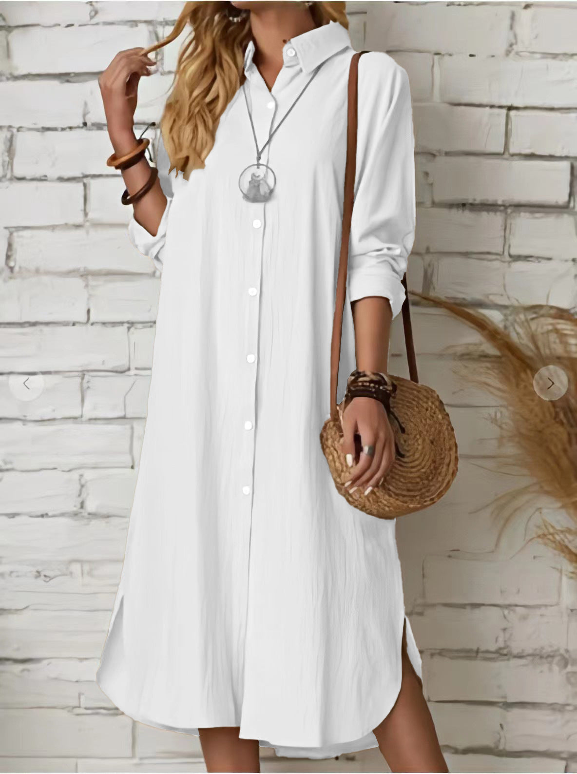 Cotton Linen Solid Color Lapel Long Sleeve Simple Loose Casual Long Shirt Dress