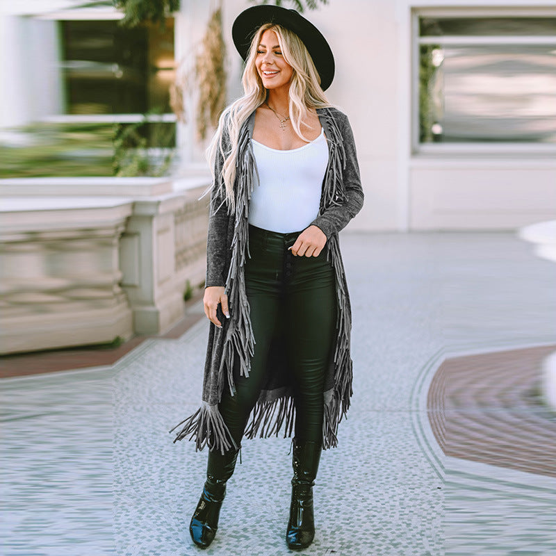 Shiying Hot Autumn New Solid Color Cardigan Women Long Design Sense Fringe Long-Sleeved Knitwear Women