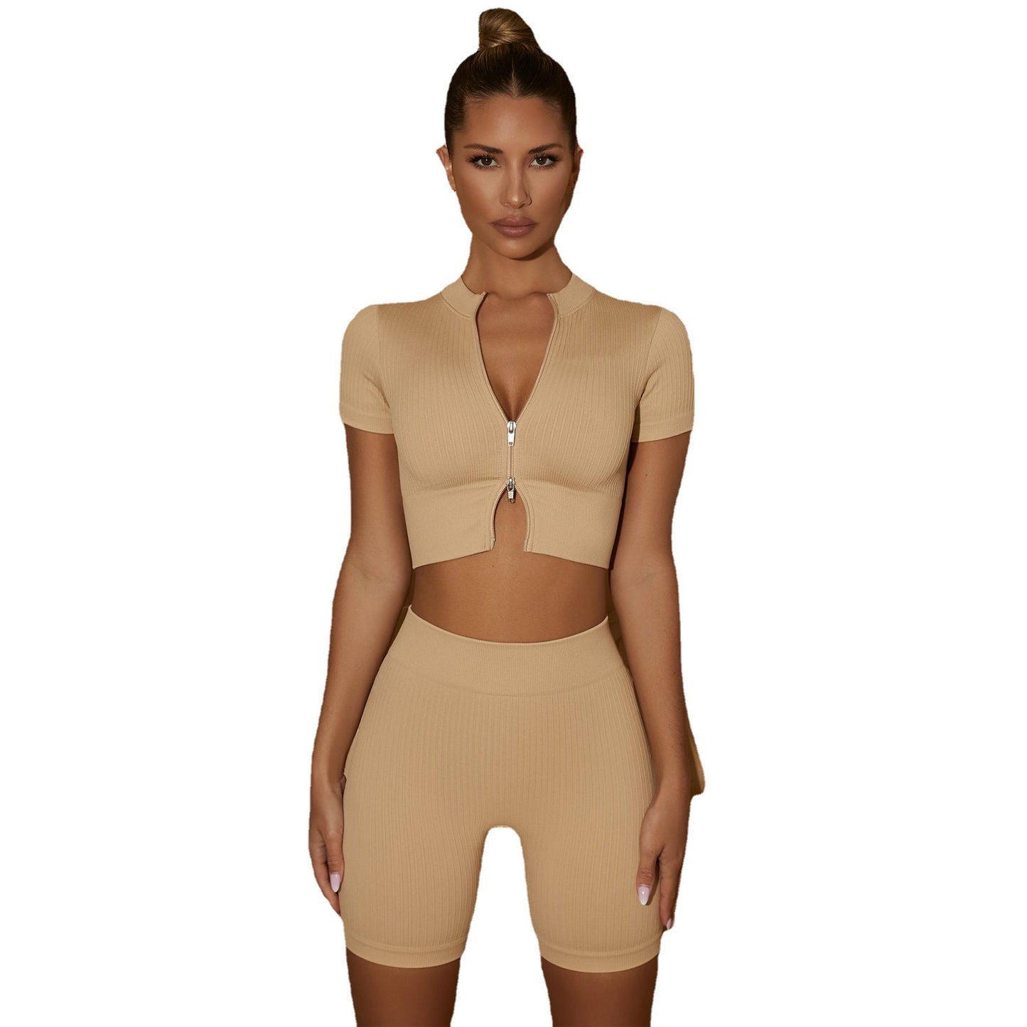 Spring And Summer New Seamless Sports Yoga Wear Short Sleeve Shorts Breathable Quick Dry Fitness Yoga Running Two-Piece Set