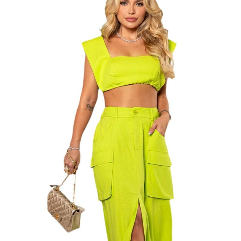 Women's Sleeveless Vest With Midriff Summer Dress Pocket Two-Piece Suit