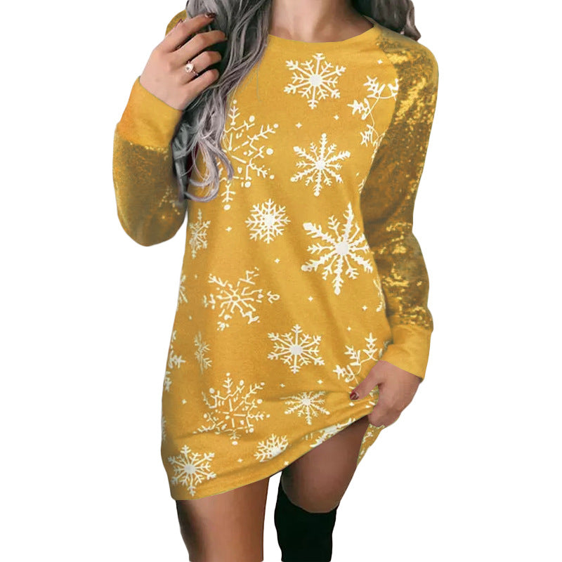 Autumn Winter Christmas Sparkly Color Snowflake Print Long-Sleeved Christmas Dress For Women