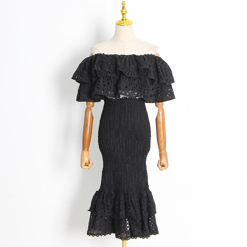 Seaside Holiday Fashion Casual Suit Women's Autumn Ruffled Irregular Shirt + High Waisted Fishtail Skirt Suit