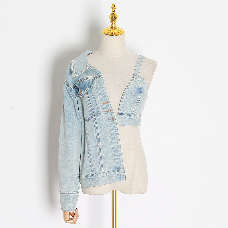 Niche Asymmetrical Denim Top Spring New Fashion Temperament Sexy Lapel Waist Waist Denim Coat