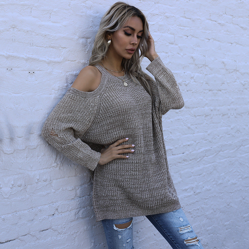 Autumn Slim Solid Color Crewneck Knitted Bottom Sweater Off-Shoulder Sweater Woman