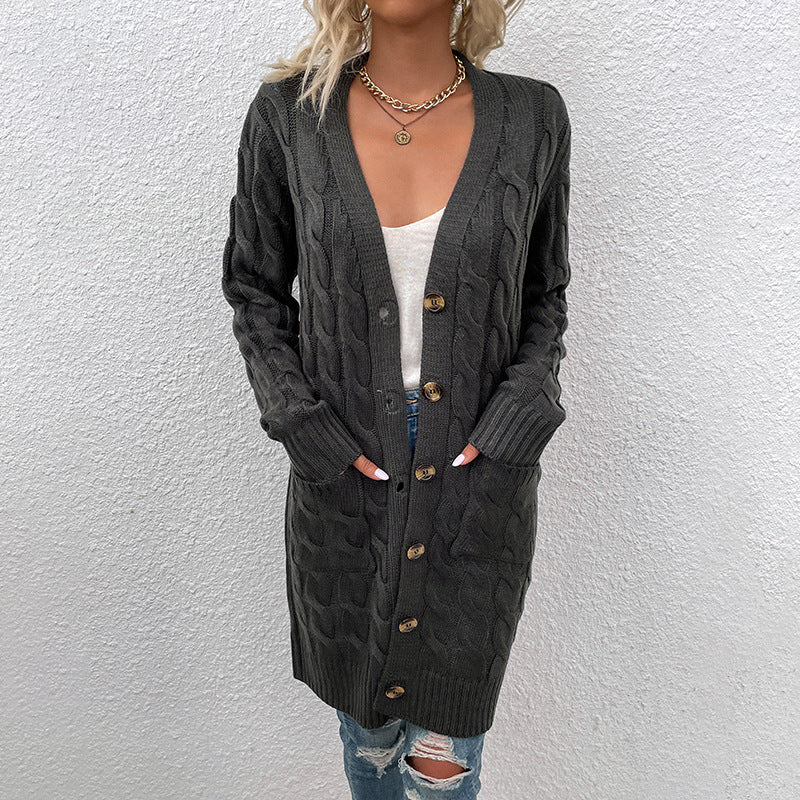 Drizzle Knitwear Autumn And Winter New Long Twist Sweater Women New Button Cardigan