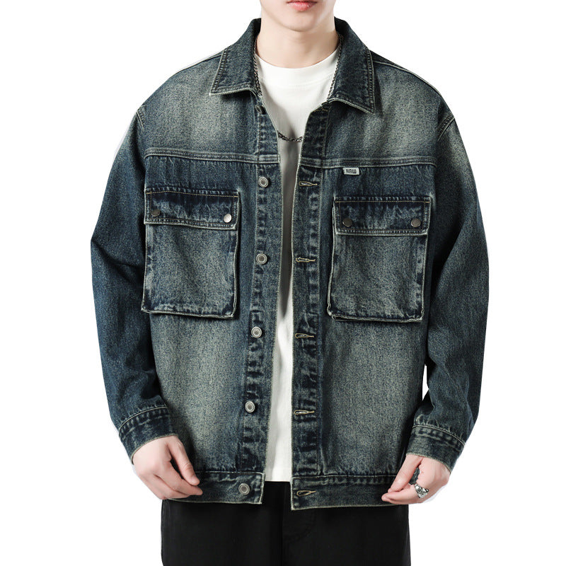 Heavy Denim Coat Male Spring And Autumn New Fashion Handsome Cargo Jacket Loose Large Size Washed Coat