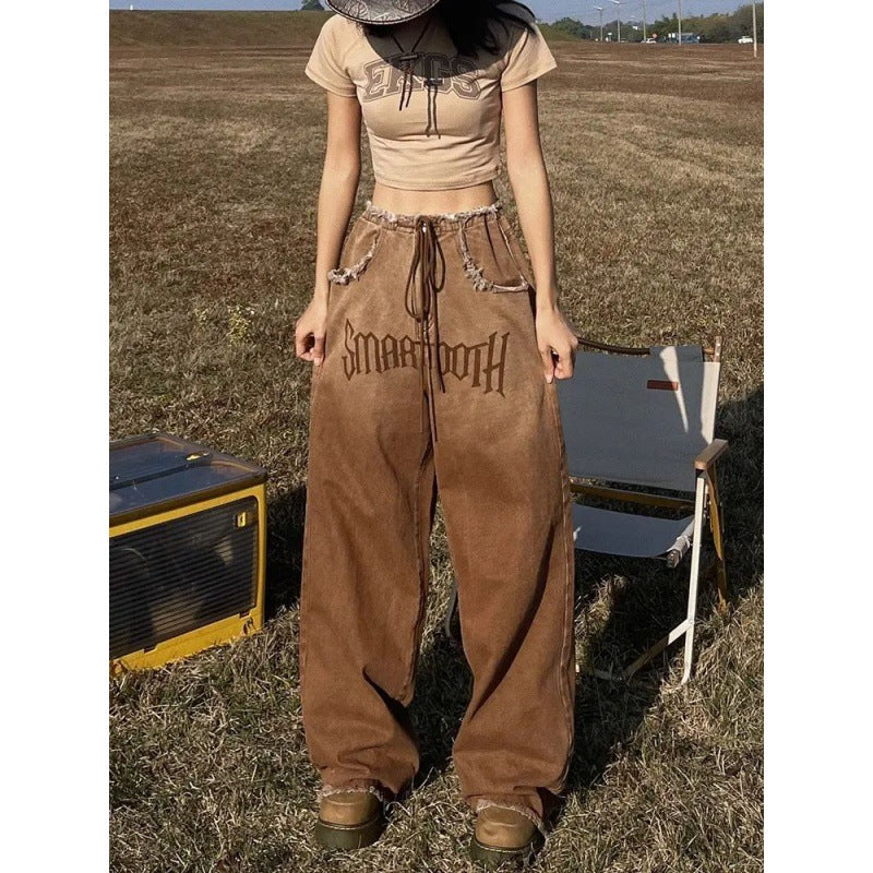 Retro Raw Edge Design Jeans Women's Summer Loose Wide Leg Slim High Waist Straight Leg Mop Pants