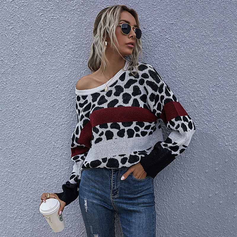 Autumn Loose Leopard Print Knit Crewneck Sweater for Women