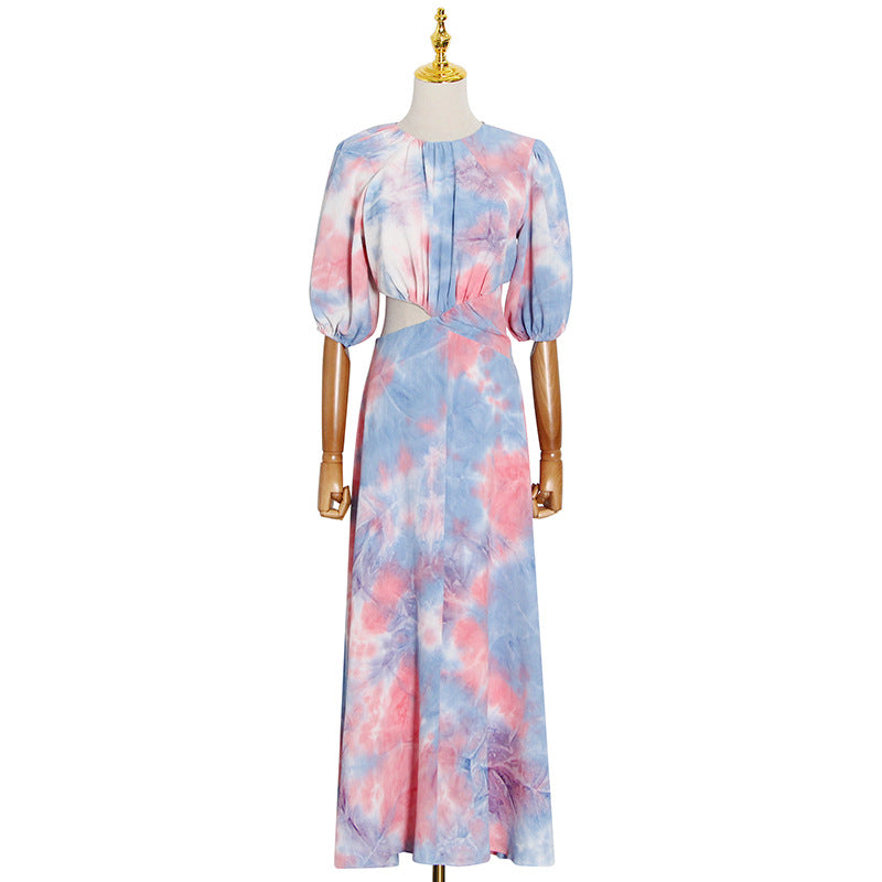 Fashion Spring New Fashion Temperament Sexy Waist-Contrasting Short-Sleeved Mid-Length Dress