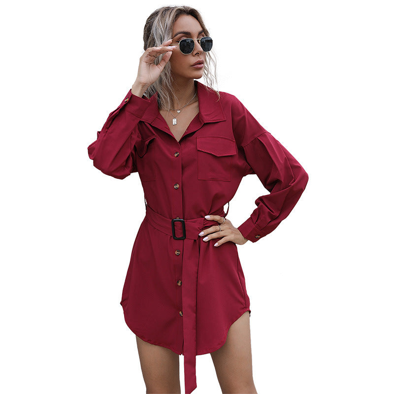 Women's Dress Retro Slim-Fit Long Sleeve Solid Color Long Black Shirt Dress