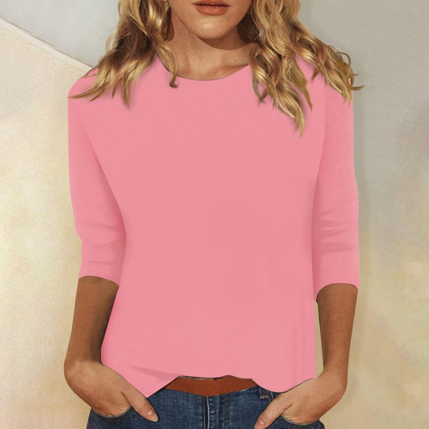 Autumn And Winter Women's Top Round Neck Seven-Point Sleeve Solid Color T-Shirt