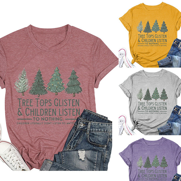 Tree Tops Round Neck Fashion Letter Top Women's T-Shirt Loose Short Sleeves
