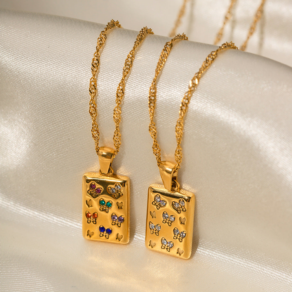 5pcs 18K Gold Stainless Steel Necklace Vintage Collar Fashion Style Square Butterfly Pendant Necklace With White Diamond
