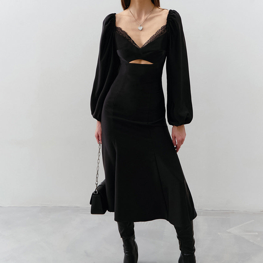 Sexy V-Neck Bubble Sleeve Hollow Lace Imitation Acetic Acid Color Ding Dress New Spring Fashion Women