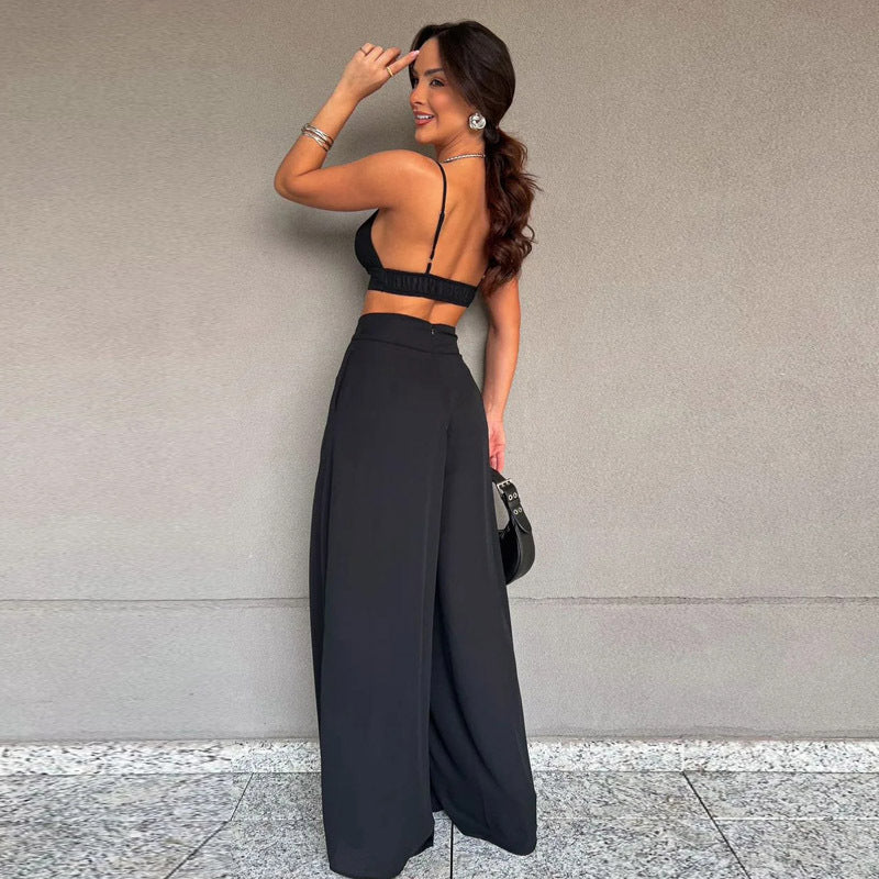 New Hottie Outfit Sexy Suspenders Sleeveless Wide-Leg Pants Two-Piece