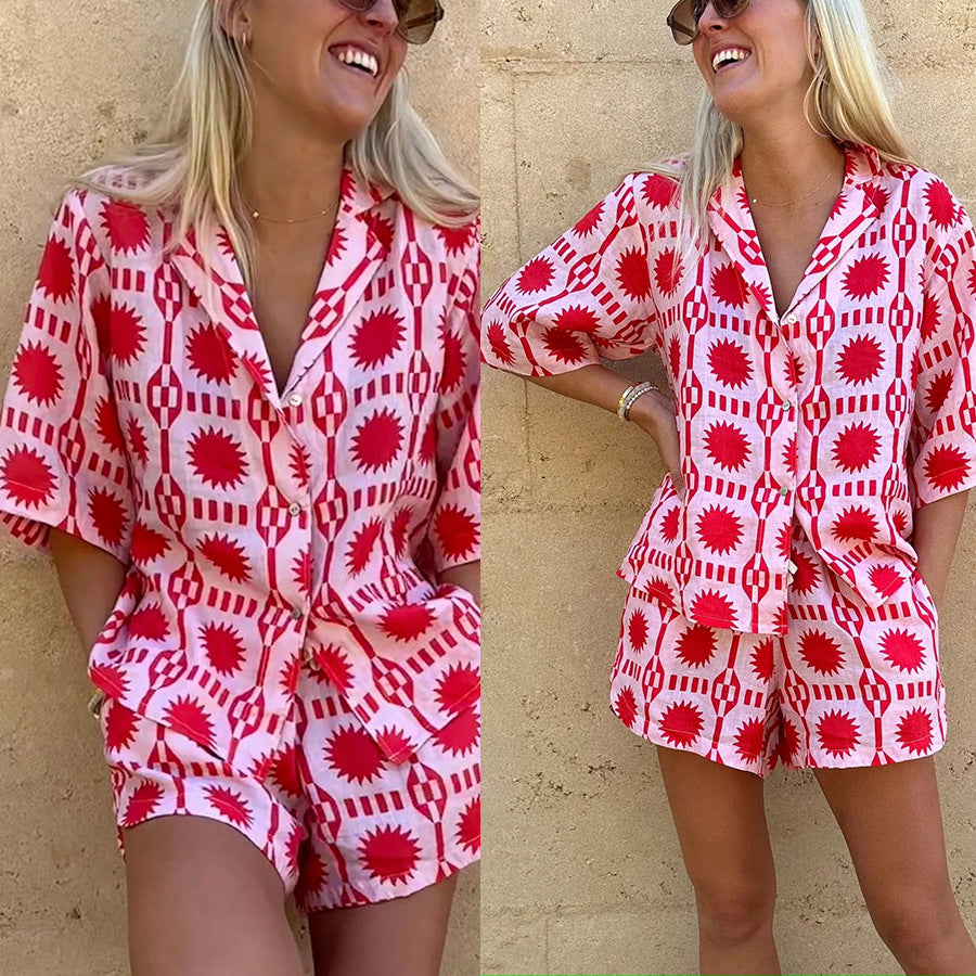 Spring And Summer New Lapel Short-Sleeved Pocket Set Leisure Loose Vacation Two-Piece Women