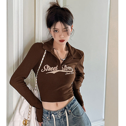 Retro Skinny Spice Girl T-Shirt Female Autumn Long Sleeve With Short Slim-Fit Base Shirt Early Autumn Chic Top