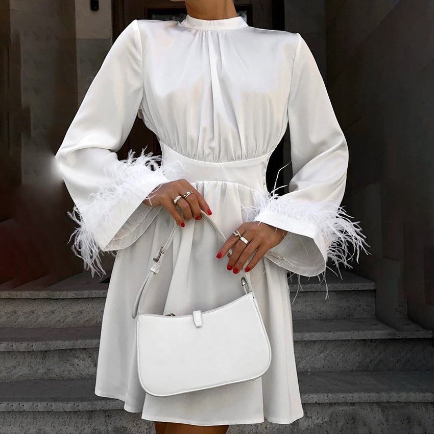 Autumn And Winter New Color Ding Dress High-Collared Feather Design Temperament Elegant A-Line Skirt Women