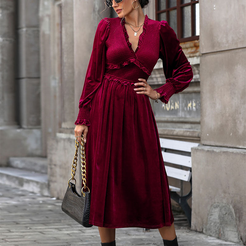 Wine Red Velvet Dress Elegant Maxi Skirt Wooden Ear Edge Play Wrap Design Skirt