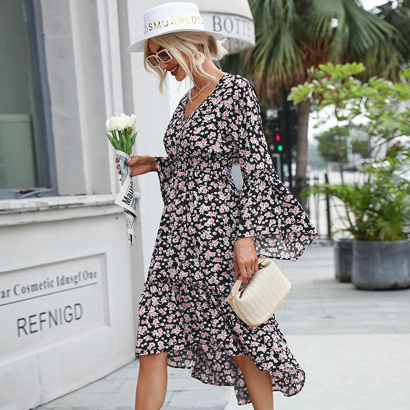 Fashion Women's Irregular Long-Sleeved Floral Dress Autumn And Winter Dress