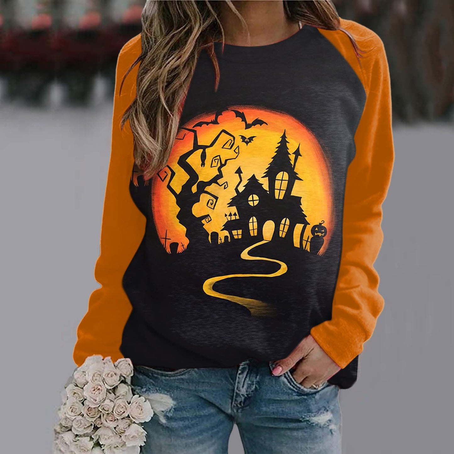 New Women's Halloween Christmas Women's Clothing 3D Three-Dimensional Printed Castle Dark Round Neck Hoodie