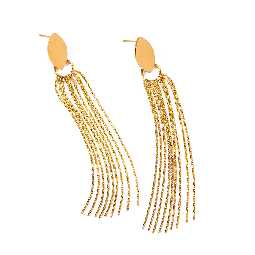 5pcs Simple 16K Gold Titanium Steel Oval Long Tassel Earrings With Exaggerated Temperament Stud Design Feel Earrings For Women