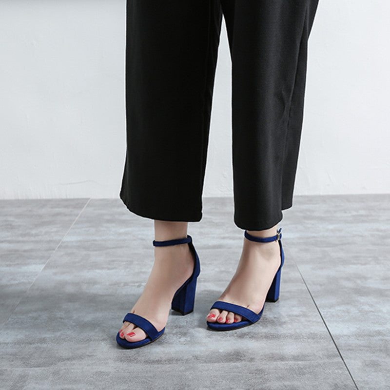 A Line Buckle High Heel Sandals Thick With Female Summer Dewtoe Black Suede Size 33 to 43