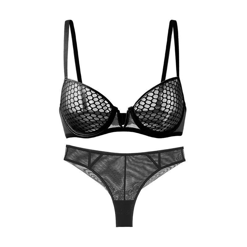 Lace Underwear Sexy Honeycomb Print Ultra-Thin Soft Underwire Bra Big Chest Small Big Size Bra Set