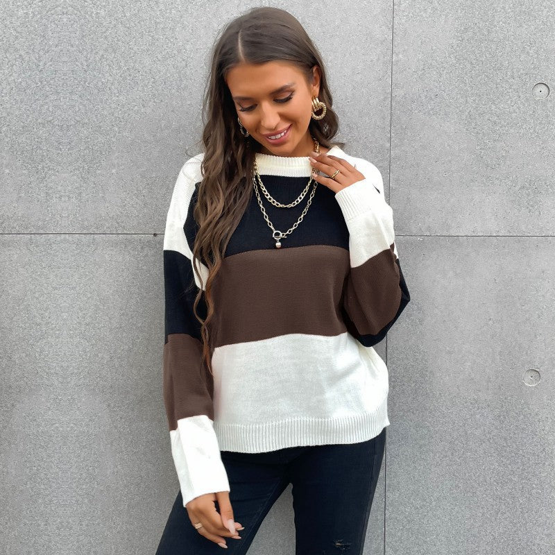 Striped Color Patchwork All-Match Knitwear Pullover Sweater for Women