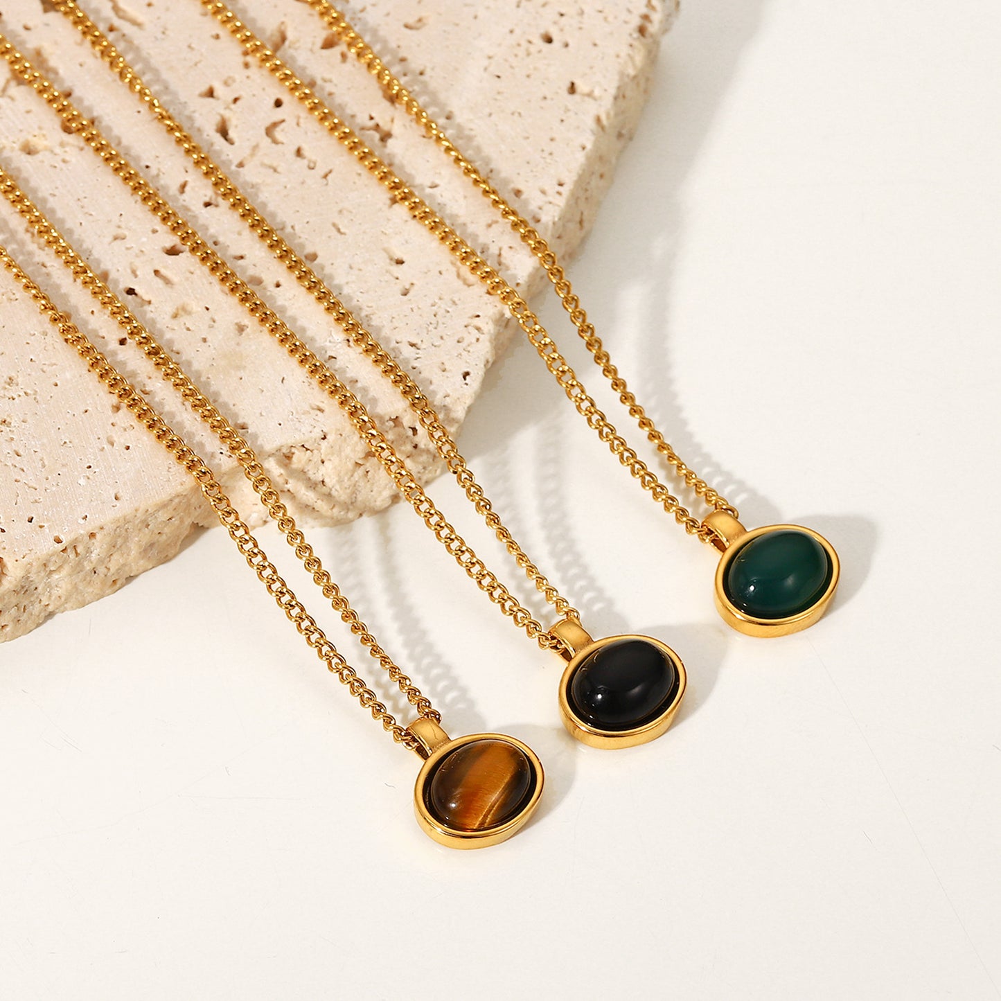 5pcs Style Retro Oval Natural Stone Pendant Necklace 18K Gold Plated Stainless Steel Chain Collar