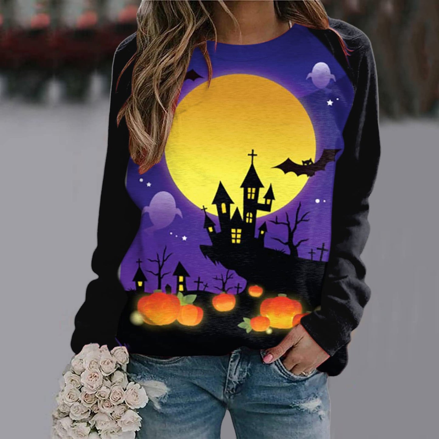 New Women's Halloween Christmas Women's Clothing 3D Three-Dimensional Printed Castle Dark Round Neck Hoodie