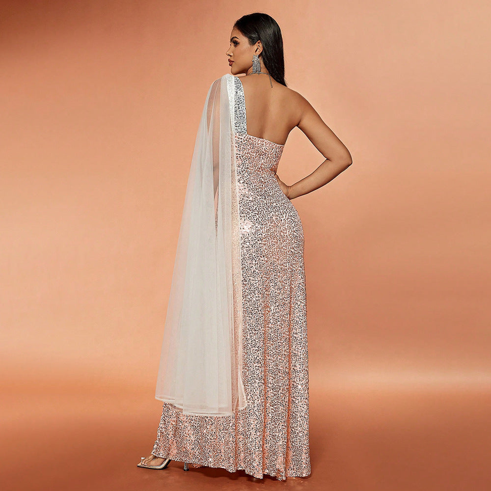 Fall New Fashion Sexy Temperament Dress Sequin Patchwork Gauze Single Shoulder Slimming Evening Dress