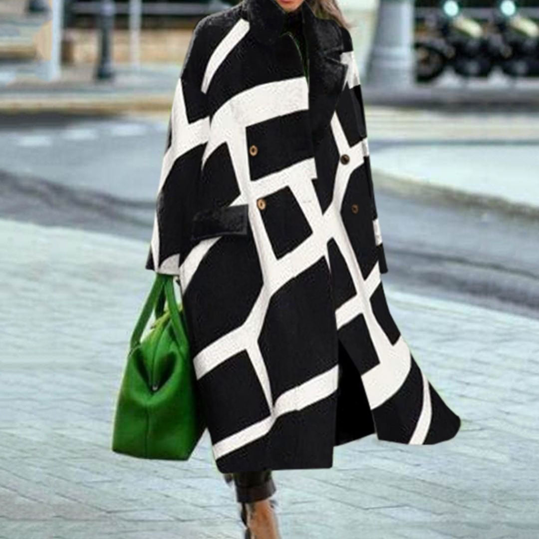 New Autumn Women's Long Sleeve Lapel Coat Printed Wool Long Coat