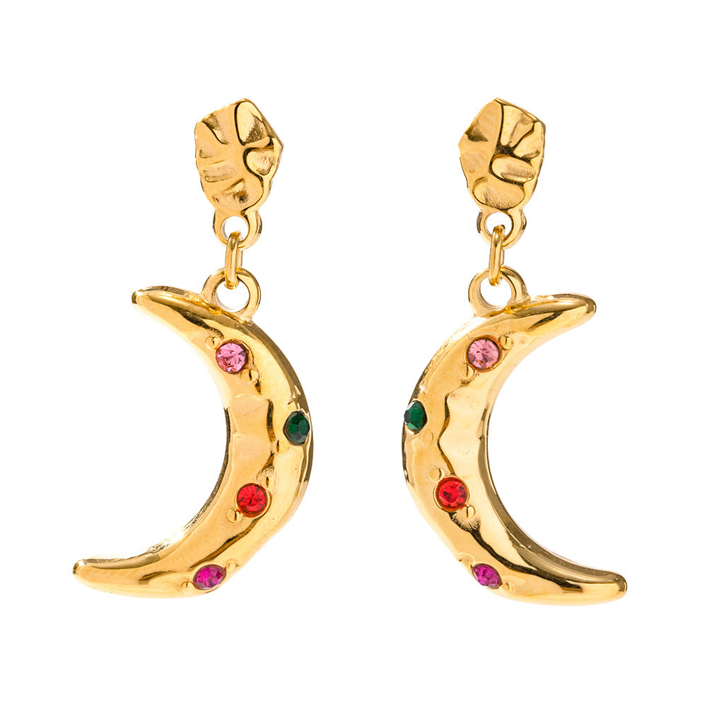 5pcs Hot Sale Of Earrings 16K Gold Stainless Steel Moon Pendant Color Zircon Earrings Jewelry Women