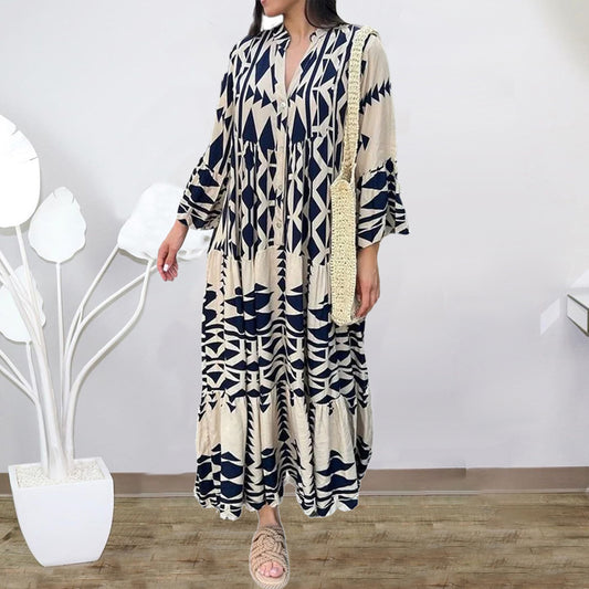 Large Size Women's Dress Autumn New Pullover Printed Bohemian Dress Women