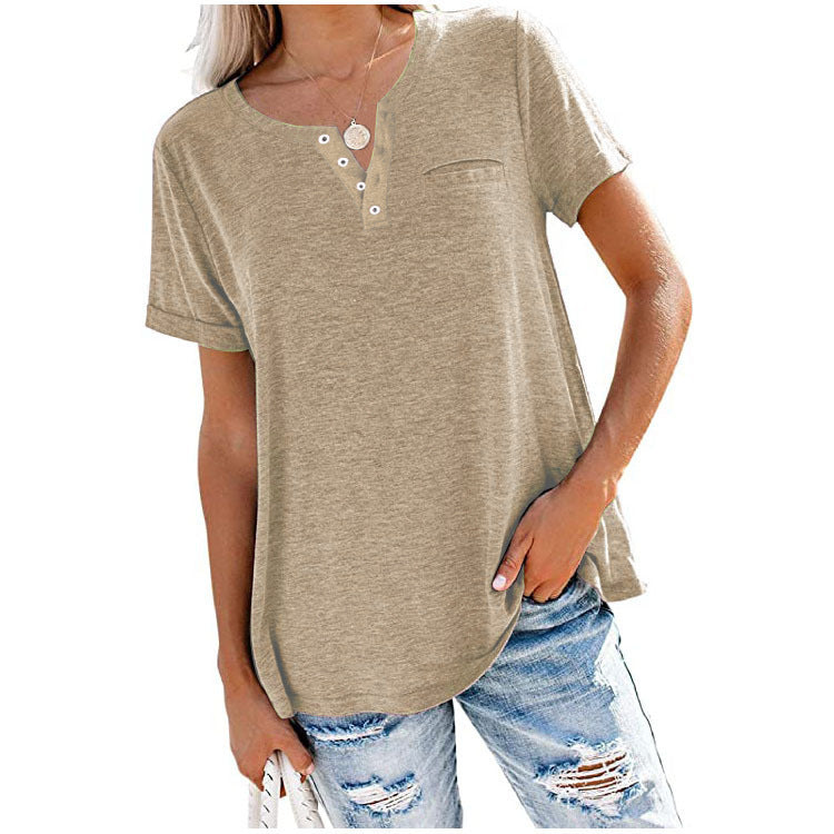 Spring And Summer New Top V-Neck Short Sleeve Pocket Loose T-Shirt Woman
