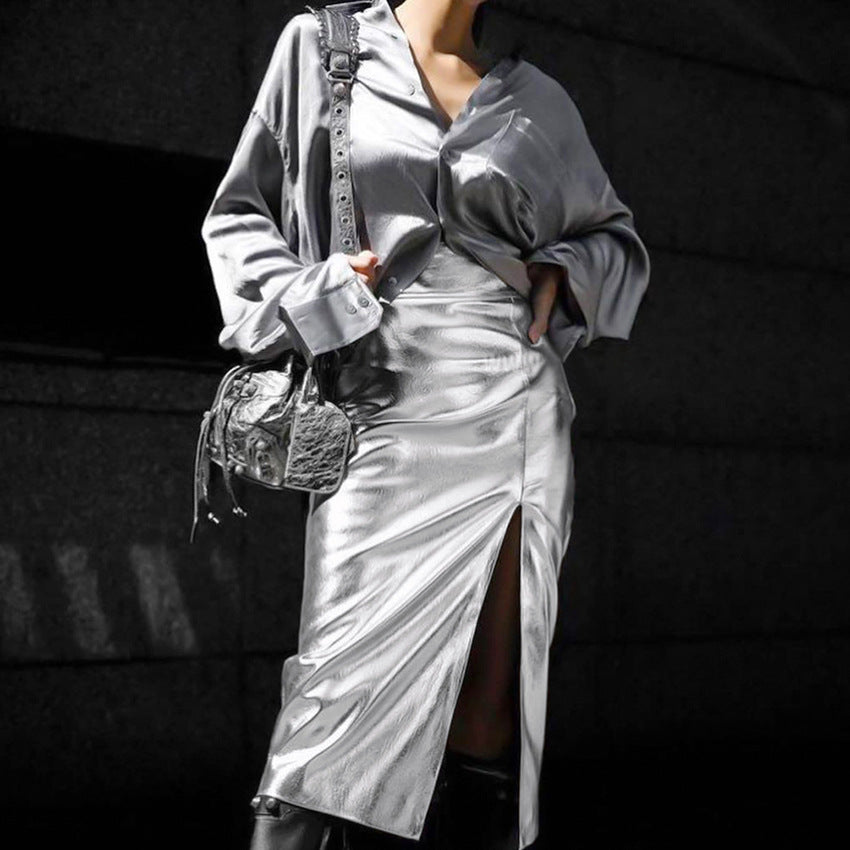 Silver Faux Leather Futuristic High-Waisted Slit Skirt New Fall Fashion Women