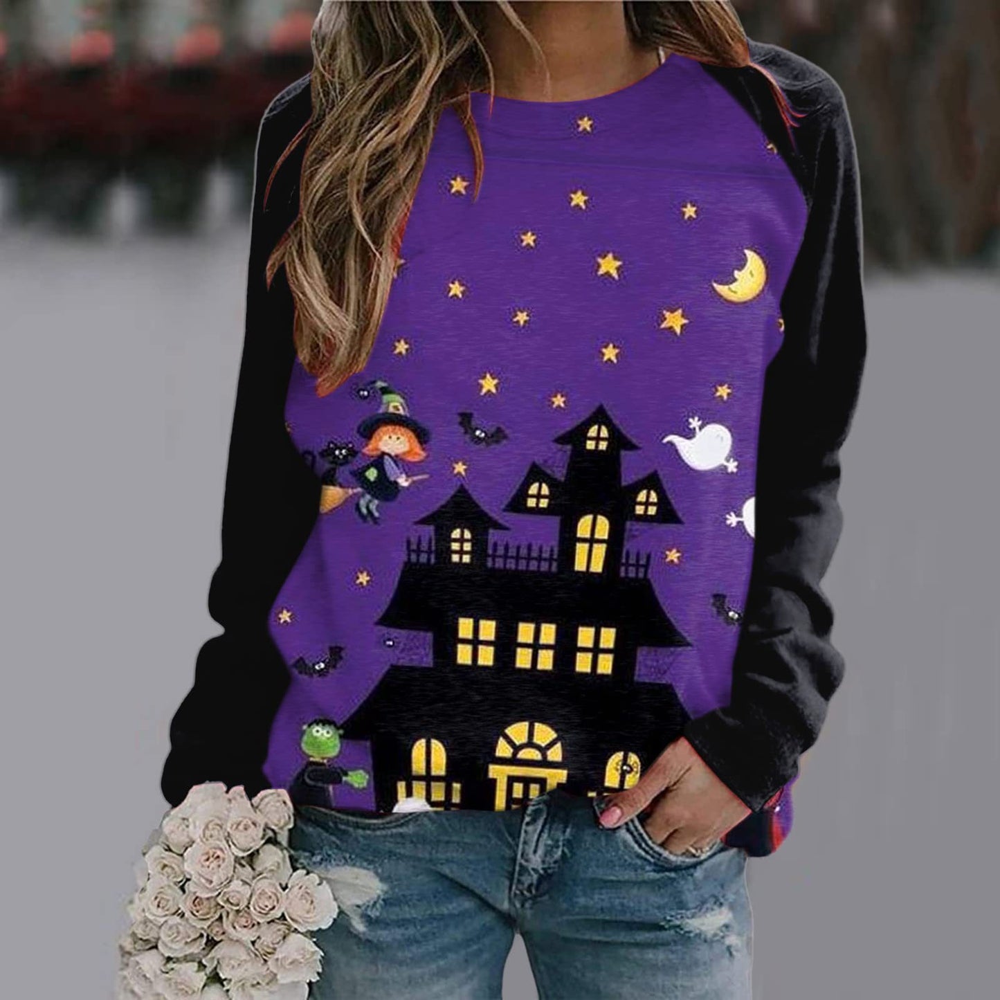 New Women's Halloween Christmas Women's Clothing 3D Three-Dimensional Printed Castle Dark Round Neck Hoodie
