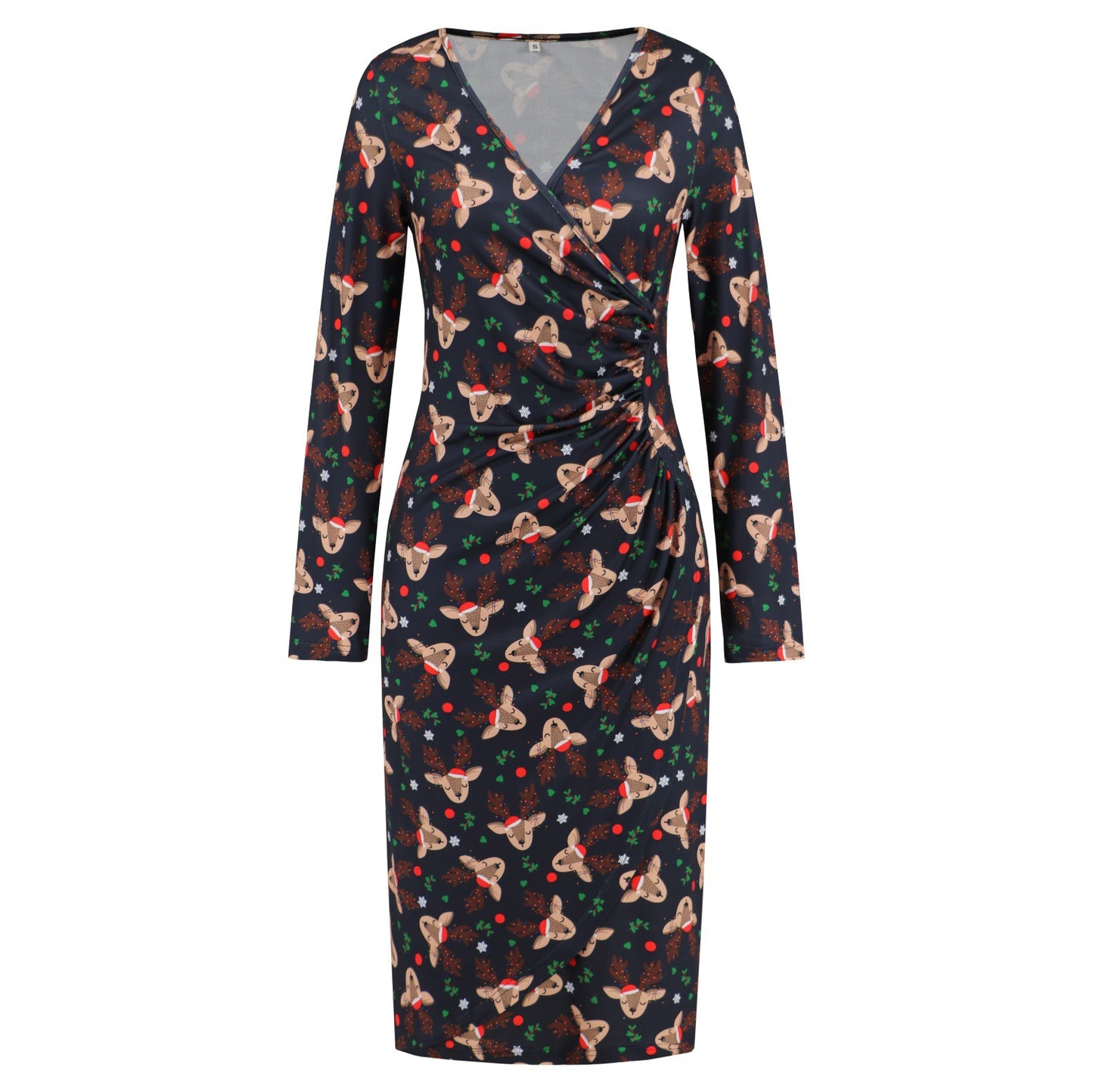 Christmas Printed Dress V-Neck Slimming Slim Dress Autumn And Winter Women's Plus-Size
