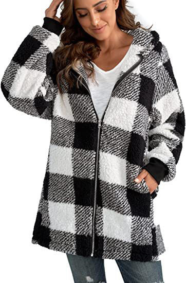 Plush Women's Coat New Long-Sleeved Plaid Hooded Zipper With Pocket Loose Coat
