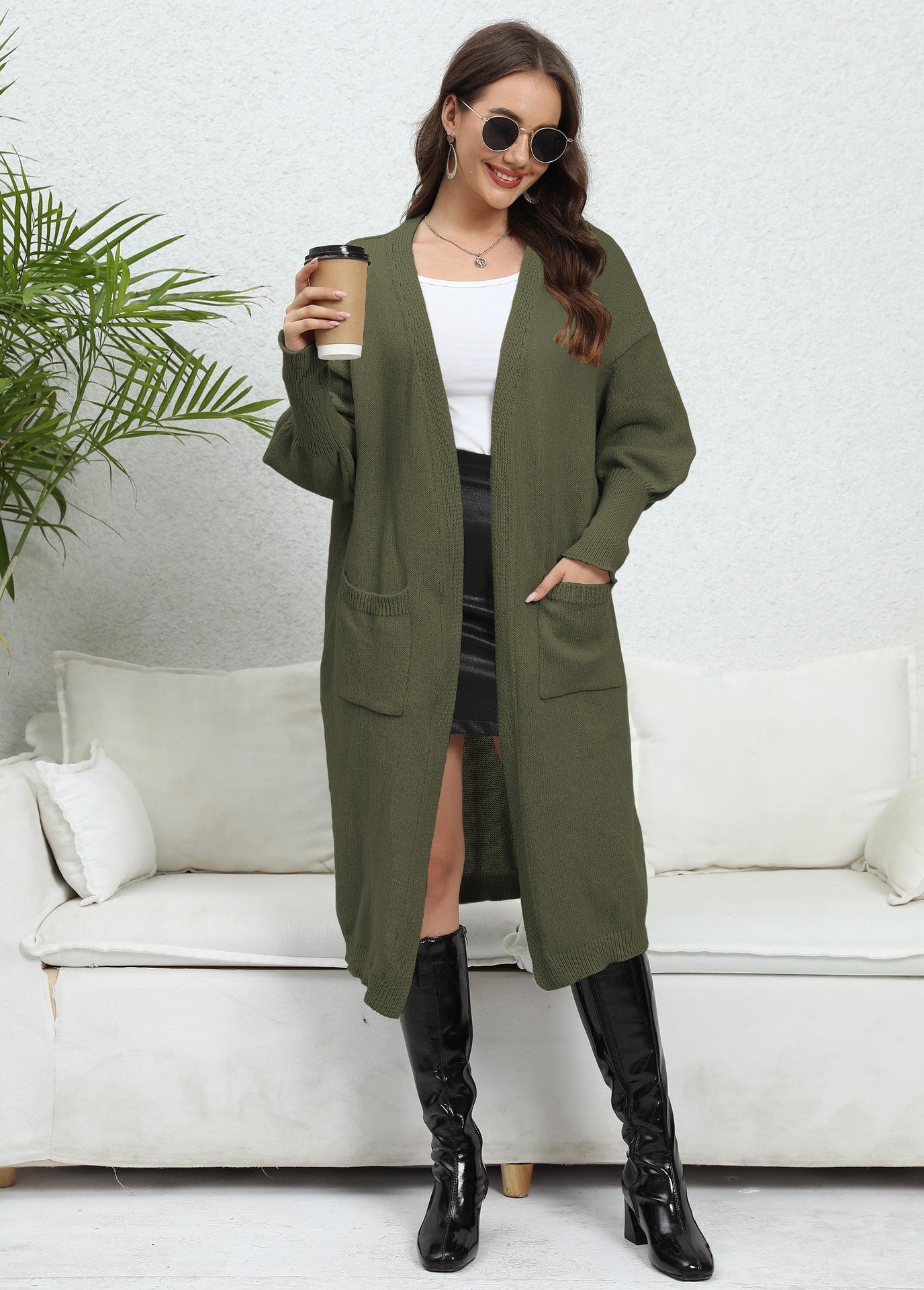 Women's Coat Women's Loose Lazy Woven Sweater Double Pocket Lantern Sleeve Sweater Cardigan