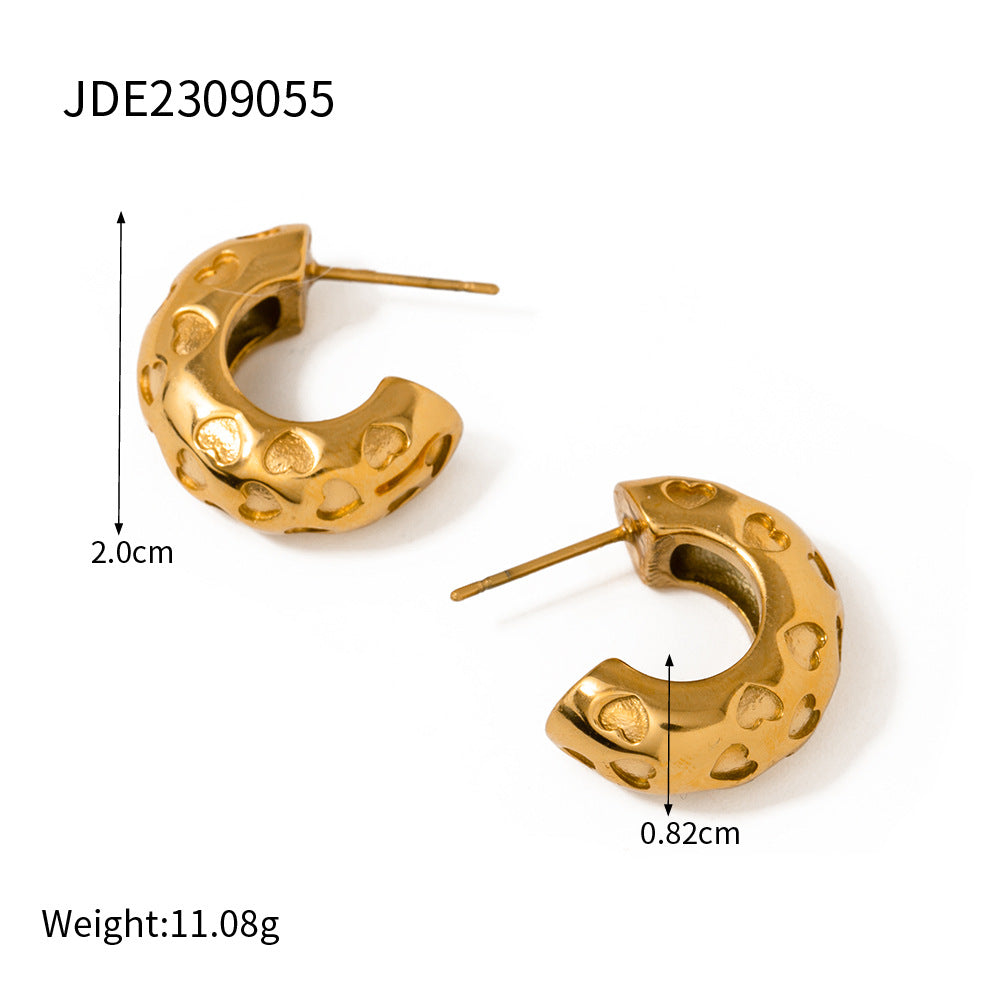 5pcs 18K Gold Plated Stainless Steel Classic 18K Gold Stainless Steel Embossed Heart C Shaped Earrings Women's Fashion Earrings Accessories