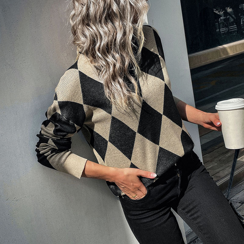 New Fashion Women's Autumn Winter Ring-Checkered Long-Sleeved Sweater Female