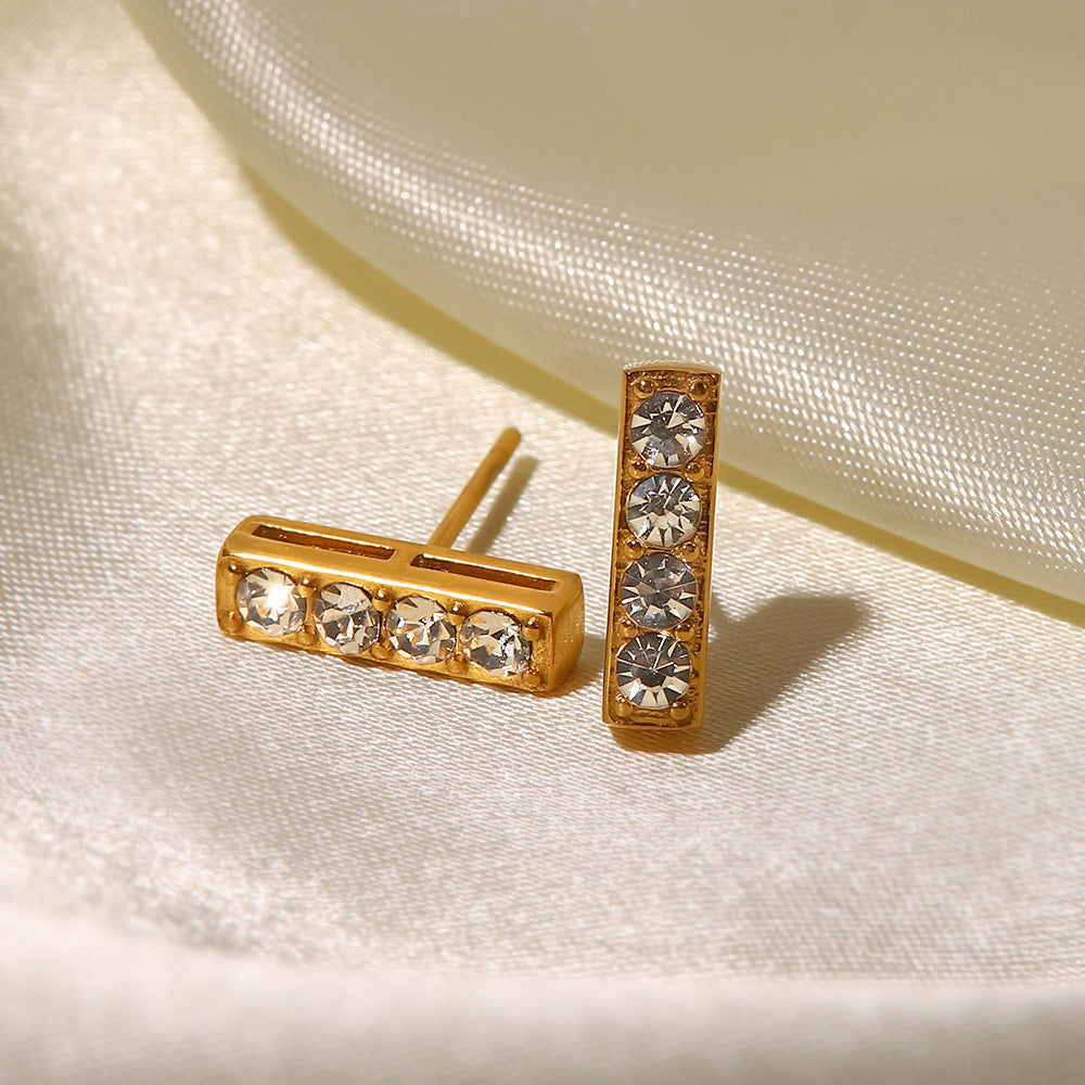 5pcs Women's New Titanium Steel Fine Earrings 18K Gold Stainless Steel Rectangular Inlaid With White Diamond Stud Earrings