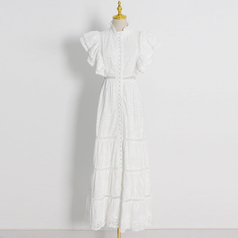 Fashion Solid Color Long Dress Spring New Fashion High-Neck Sleeveless Hollow Embroidery Dress