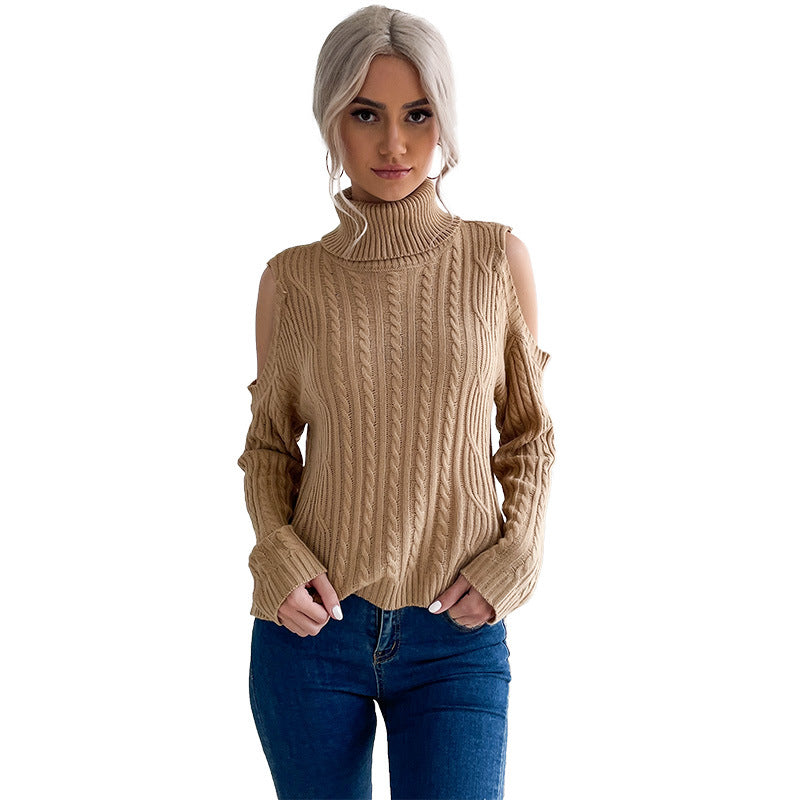 Fashion Women's Bottom Turtleneck Solid Color Long Sleeve Twist Off-The-Shoulder Sweater