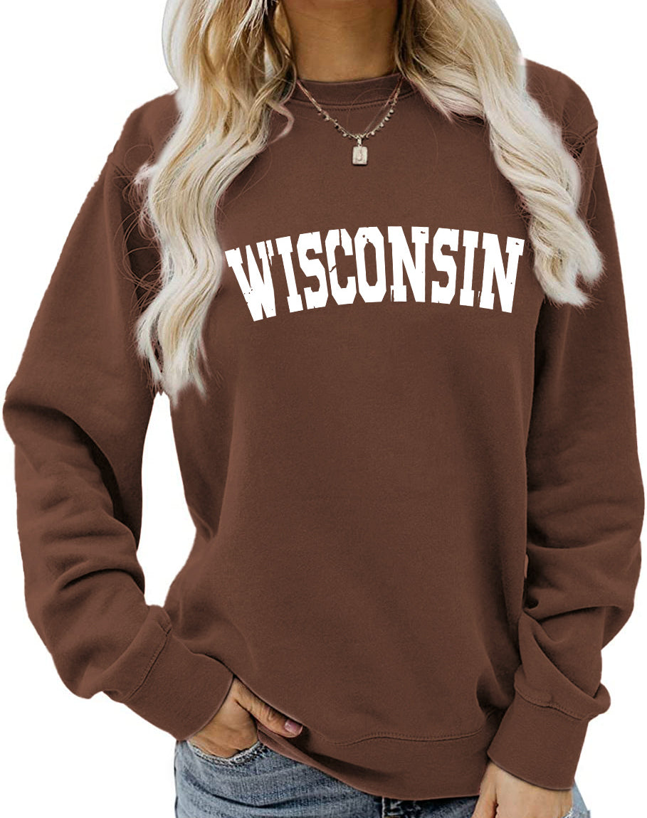 Women's Autumn And Winter Clothing Wisconsin Letter Print Casual Loose Round Neck Hoodie